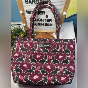 Betsey Johnson French Bulldog Print Tote Bag Burgundy Zip Top